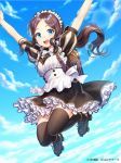  1girl apron arms_up artist_name backpack bag bangs black_footwear black_legwear black_skirt blue_eyes blue_sky blush bow bowtie brown_hair child clouds commentary_request day fate/grand_order fate_(series) frilled_skirt frills glint inline_skates jumping lens_flare leonardo_da_vinci_(fate/grand_order) looking_at_viewer maid maid_headdress midair outdoors parted_bangs puffy_short_sleeves puffy_sleeves randoseru roller_skates round_teeth short_sleeves skates skirt sky solo teeth thigh-highs upper_teeth white_apron white_bow white_neckwear yamyom 