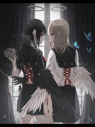  2girls angel angel_wings back bags_under_eyes bangs black_feathers black_hair black_nails black_skirt black_wings blue_eyes bone brown_hair bug butterfly butterfly_on_shoulder closed_mouth corset_piercing curtains cuts ear_piercing english_text fantasy halo highres holding_hand holding_skull indoors injury insect long_hair looking_at_viewer lucy_(rusi-juren328) medium_hair mole mole_under_eye multiple_girls open_mouth original piercing pleated_skirt red_eyes red_ribbon ribbon short_sleeves skirt skull smoke smoking standing thighs white_feathers white_wings window wings 