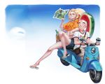  1boy 1girl android_18 arm_on_shoulder bag bald basket blonde_hair bluecup bottle crop_top dragon_ball dragon_ball_z ground_vehicle hat_around_neck highres husband_and_wife kuririn map moped motor_vehicle riding sandals satchel short_hair short_shorts shorts smile v-neck 