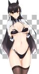  1girl akagikoku animal_ears atago_(azur_lane) azur_lane bangs bikini black_bikini black_hair black_legwear bow breasts brown_eyes checkered checkered_background commentary_request cowboy_shot extra_ears highres large_breasts long_hair looking_at_viewer mole mole_under_eye racequeen ribbon shrug_(clothing) solo standing swept_bangs swimsuit thigh-highs thigh_gap two-tone_background two-tone_bikini white_background white_bow white_ribbon 