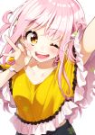  1girl bangs blush bracelet collarbone eyebrows_visible_through_hair highres jewelry long_hair looking_at_viewer one_eye_closed open_mouth original outstretched_arm pink_hair sakuragi_ren self_shot solo white_background yellow_eyes 