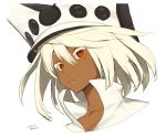  1girl commentary_request dark_skin guilty_gear guilty_gear_xrd looking_at_viewer medium_hair orange_eyes ramlethal_valentine simple_background solo white_background white_hair zaki_(narashigeo) 