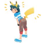 1boy :3 black_hair blue_footwear blue_shirt brown_eyes brown_shorts commentary_request emphasis_lines from_behind looking_at_viewer okaohito1 pikachu_ears pikachu_tail pokemon pokemon_(anime) pokemon_ears pokemon_sm_(anime) satoshi_(pokemon) shirt short_sleeves shorts simple_background solo spiky_hair tail white_background z-ring 