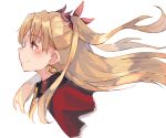  1girl bangs blonde_hair bow cape collarbone detached_collar diadem earrings ereshkigal_(fate/grand_order) eyebrows_visible_through_hair fate/grand_order fate_(series) floating_hair hair_bow jewelry long_hair profile red_bow red_cape red_eyes smile solo tota_(sizukurubiks) twintails very_long_hair 