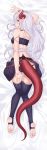  1girl arm_up bandeau bangs bare_arms bare_shoulders bed_sheet black_choker black_legwear black_panties black_skirt breasts choker commentary_request dragon_girl dragon_horns dragon_tail facial_mark from_behind full_body highres horns ibuki_notsu long_hair looking_at_viewer looking_back lying melusine_(ibuki_notsu) midriff miniskirt no_shoes on_stomach original panties parted_lips pointy_ears profile red_eyes sidelocks silver_hair skirt small_breasts solo strapless tail thigh-highs thighs toeless_legwear tubetop underwear very_long_hair 