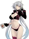  10mo 1girl bikini blush choker cup eyebrows_visible_through_hair fate/grand_order fate_(series) gloves highres holding holding_cup jacket jeanne_d&#039;arc_(alter_swimsuit_berserker) jeanne_d&#039;arc_(fate)_(all) long_hair navel o-ring o-ring_bikini open_mouth silver_hair simple_background single_thighhigh solo swimsuit thigh-highs yellow_eyes 