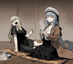  2girls ak-12_(girls_frontline) an-94_(girls_frontline) bangs black_dress black_skirt blonde_hair blue_hair braid burning cup dress earrings eyeshadow girls_frontline gogalking highres holding holding_cup indoors jacket jewelry long_hair long_skirt makeup multiple_girls open_mouth pain pillow pleated_skirt shirt shouting sitting skirt smug spill tea very_long_hair white_shirt wooden_floor 