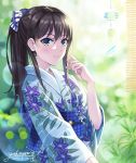  1girl alternate_hairstyle bow brown_hair dated day floral_print flower grass green_eyes hair_bow hand_up highres idolmaster idolmaster_cinderella_girls japanese_clothes kimono light_particles obi ponytail sash shibuya_rin smile solo sudare summer tazu twitter_username wind_chime yukata 