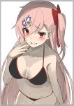  1girl bangs bare_shoulders bikini black_bikini blush border bow braid breasts collarbone commentary dakunesu eyebrows_visible_through_hair girls_frontline grin groin hair_between_eyes hair_bow hair_ornament hair_ribbon hairclip hand_up hexagram leaning_forward long_hair looking_at_viewer navel negev_(girls_frontline) one_side_up pink_hair pink_lips red_bow red_eyes ribbon simple_background smile solo star_of_david stomach swimsuit 