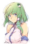  1girl bangs bare_shoulders blue_eyes breasts commentary_request detached_sleeves eyebrows_visible_through_hair frog_hair_ornament green_hair hair_ornament hair_tubes kaiza_(rider000) kochiya_sanae large_breasts looking_at_viewer shirt short_hair simple_background single_sidelock sketch smile snake_hair_ornament solo touhou upper_body white_background white_shirt 