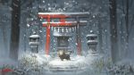  animal mask no_humans original outdoors shrine signature snow snowing speedpaint stone_lantern torii tree winter yoshida_seiji 