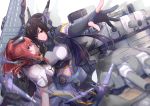  2girls aircraft airplane black_hair blue_eyes blush breast_pocket breasts brown_hair cannon commentary_request dress elbow_gloves flight_deck gloves hair_between_eyes hair_ornament headgear highres kantai_collection large_breasts long_hair looking_at_viewer multiple_girls nagato_(kantai_collection) neckerchief open_mouth partly_fingerless_gloves pin.s pocket ponytail remodel_(kantai_collection) rigging saratoga_(kantai_collection) side_ponytail sidelocks signature smile smokestack thigh-highs turret white_dress 