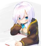  1girl ars_almal bangs black_hoodie blue_eyes blush book closed_mouth daifukumochi_(akaaokiiwo) head_rest hood hood_down nijisanji short_hair simple_background sitting sketch solo upper_body virtual_youtuber white_background white_hair 