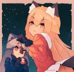  2girls animal_ears bakadebiru blonde_hair ezo_red_fox_(kemono_friends) food fox_ears fox_tail highres japari_bun kemono_friends mouse multiple_girls red_eyes silver_fox_(kemono_friends) tail yellow_eyes 