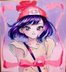  1girl beanie collarbone hat highres looking_at_viewer minapo moon_(pokemon) pokemon pokemon_special purple_hair red_headwear ribbon shirt short_hair short_sleeves signature solo traditional_media upper_body violet_eyes 