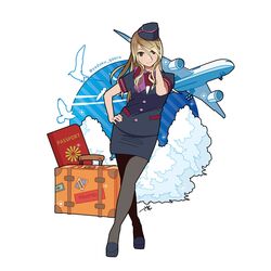  1girl aircraft airplane artist_name bird blonde_hair brown_eyes brown_hair buttons clouds crossed_legs dress_shirt flight_attendant garrison_cap gradient_hair hand_on_hip hand_on_own_neck hat high_heels highres idolmaster idolmaster_shiny_colors izumi_mei long_hair looking_at_viewer multicolored_hair neck_ribbon pantyhose passport pencil_skirt ribbon shirt signature skirt smile solo standing stewardess suitcase tan twitter_username yadokugaeru 