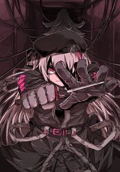  &gt;:( 2girls absurdres belt belt_buckle beret buckle character_request clenched_hand closed_mouth commentary girls_frontline gloves grey_hair hair_over_one_eye hands_up hat highres holding holding_knife holding_weapon knife korean_text long_hair looking_at_viewer mdr_(girls_frontline) multicolored_hair multiple_girls pink_hair streaked_hair tactical_clothes takoongyi very_long_hair weapon 