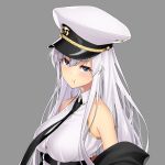  1girl azur_lane bare_shoulders black_neckwear blue_eyes blush breasts coat collared_shirt enterprise_(azur_lane) eyes_visible_through_hair grey_background hair_between_eyes hat large_breasts long_hair looking_at_viewer military_hat necktie off_shoulder peaked_cap pout shirt silver_hair simple_background sleeveless sleeveless_shirt solo straight_hair takuroo upper_body white_headwear white_shirt 