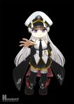  1girl artstation_username azur_lane belt black_belt black_coat black_legwear black_neckwear black_skirt chibi coat collared_shirt enterprise_(azur_lane) gold_trim hat hecatiartz highres long_hair military_hat open_clothes open_coat peaked_cap pleated_skirt rudder_footwear shirt silver_hair skirt sleeveless sleeveless_shirt thigh-highs underbust violet_eyes white_headwear 