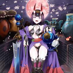  1girl bob_cut breasts collarbone eyeliner fate/grand_order fate_(series) full_moon gourd headpiece highres horns japanese_clothes kimono makeup mofumancy moon night night_sky obi off_shoulder oni oni_horns open_clothes open_kimono open_mouth purple_hair purple_kimono revealing_clothes sash short_eyebrows short_hair shuten_douji_(fate/grand_order) skin-covered_horns sky small_breasts solo standing sword violet_eyes weapon 