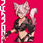  angel_(kof) animal_ears breasts chaps claws cropped_jacket fe_kqqqq fingerless_gloves gloves hair_over_one_eye highres jacket kemonomimi_mode large_breasts leather leather_jacket looking_at_viewer simple_background solo tail the_king_of_fighters toned wolf_ears 