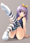  1girl blue_swimsuit flat_chest full_body grey_background highres leg_up long_hair medium_hair no_shoes original purple_hair ribbon school_swimsuit shibacha simple_background smile soles solo striped striped_legwear swimsuit thigh-highs tongue tongue_out violet_eyes 