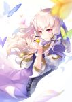  1girl ahoge albino blurry blush breasts bug butterfly closed_mouth commentary_request depth_of_field dress fire_emblem fire_emblem:_three_houses floating_hair flower frills holding holding_flower insect juliet_sleeves long_hair long_sleeves lysithea_von_ordelia petals pink_eyes puffy_sleeves purple_dress ringozaka_mariko sidelocks simple_background small_breasts smile solo upper_body veil white_background white_flower white_hair 