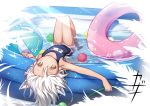  1girl :o animal_ears ball beachball blue_swimsuit brown_eyes day holding holding_hose hose innertube kazana_(sakuto) knees_up long_hair looking_at_viewer lying on_back one-piece_swimsuit original parted_lips partially_submerged saku_(kazana) school_swimsuit solo summer sunlight swimsuit tail tan transparent very_long_hair wading_pool water wet white_hair wolf_ears wolf_girl wolf_tail 