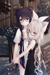  2girls animal_ears backpack bag bare_arms bare_shoulders black-framed_eyewear black_dress black_hair blue_eyes blush brown_eyes cat_ears cat_girl cat_tail closed_mouth commentary_request cup day dress drinking drinking_straw english_text fence glasses hair_ribbon highres holding holding_cup long_hair looking_at_viewer low_twintails menu_board multiple_girls original outdoors ribbon round_eyewear shirt short_sleeves silver_hair sleeveless sleeveless_dress smile standing tail tokuno_yuika twintails very_long_hair white_ribbon white_shirt 