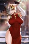  1girl artist_name bare_shoulders blonde_hair boku_no_hero_academia breasts breasts_apart covered_navel detached_sleeves dragon_girl dress ear_piercing earrings easonx hair_over_one_eye head_wings highres jewelry large_breasts looking_at_viewer piercing red_dress ryuukyuu short_hair side_slit smile solo white_sleeves yellow_eyes 