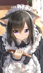  1girl absurdres animal_ear_fluff animal_ears apron bangs black_dress black_hair blurry blurry_background blush cat_ears cat_girl cat_tail collared_dress commentary_request day depth_of_field dress eyebrows_visible_through_hair frilled_apron frilled_dress frills hair_between_eyes hand_up highres holding holding_tray indoors juliet_sleeves long_hair long_sleeves looking_at_viewer maid maid_apron maid_headdress original parted_lips pentagon_(railgun_ky1206) puffy_sleeves solo sunlight tail tears translation_request tray violet_eyes white_apron 