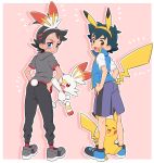  2boys animal_ears black_hair black_pants blue_footwear blue_shorts blue_vest blush bunny_tail commentary dark_skin dark_skinned_male embarrassed emphasis_lines from_behind full_body gen_1_pokemon gen_8_pokemon gou_(pokemon) grey_footwear grey_shirt holding_another&#039;s_arm leg_hug looking_at_viewer lower_teeth multiple_boys okaohito1 open_mouth pants pikachu pikachu_ears pikachu_tail pink_background pokemon pokemon_(anime) pokemon_(creature) pokemon_ears pokemon_swsh_(anime) rabbit_ears satoshi_(pokemon) scorpion_tail shirt shoes shorts simple_background sneakers spiky_hair sweat tail vest white_shirt 