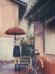  1girl bicycle black_legwear craft-cs ground_vehicle long_hair original parasol pleated_skirt rain scenery school_uniform skirt umbrella uniform 
