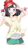  1girl beanie black_hair blue_eyes blush collarbone green_shorts hat holding holding_poke_ball ixy looking_at_viewer mizuki_(pokemon) open_mouth poke_ball poke_ball_(generic) pokemon pokemon_(game) pokemon_sm red_headwear shirt shirt_under_shirt short_hair short_sleeves shorts simple_background smile solo tied_shirt white_background white_shirt yellow_shirt 