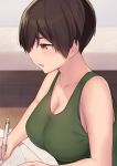  1girl bangs bare_shoulders blush breasts brown_eyes brown_hair cccpo collarbone eyebrows_visible_through_hair green_tank_top highres holding holding_pen large_breasts open_mouth original pen short_hair solo tank_top tomboy 