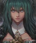  1girl bangs blue_eyes blue_hair byleth_(fire_emblem) byleth_eisner_(female) cape close-up closed_mouth collar commentary face fire_emblem fire_emblem:_three_houses green_hair hair_between_eyes jewelry kaejunni looking_at_viewer medium_hair pendant shoulder_armor signature 