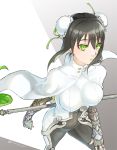  1girl absurdres black_hair bodysuit bracer breasts capelet covered_navel double_bun fate/grand_order fate_(series) fingerless_gloves gloves green_eyes highres holding holding_weapon looking_at_viewer mithurugi-sugar parted_lips qin_liangyu_(fate) solo weapon 