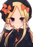  1girl abigail_williams_(fate/grand_order) bangs black_bow black_dress black_headwear blonde_hair blue_eyes blush bow dress eyebrows_visible_through_hair eyes_visible_through_hair fate/grand_order fate_(series) forehead hair_bow hands_up hat highres long_hair long_sleeves looking_at_viewer nishi_(nyon_prn) orange_bow parted_bangs parted_lips simple_background sleeves_past_wrists solo upper_body very_long_hair white_background 