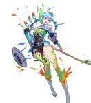  1girl ahoge armor arrow blue_eyes blue_hair boots bow bow_(weapon) bowtie earrings feathers fire_emblem fire_emblem_heroes flower full_body gen&#039;ei_ibunroku_sharp_fe gloves hair_ornament highres jewelry kakage leaf official_art open_mouth quiver solo teeth thigh-highs torn_clothes transparent_background weapon yumizuru_eleanora 