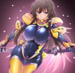  1girl absurdres black_bodysuit bodysuit breasts brown_hair covered_navel highres holding holding_sword holding_weapon impossible_bodysuit impossible_clothes katana large_breasts long_hair looking_at_viewer muvluv muvluv_alternative muvluv_total_eclipse pilot_suit shiny shiny_clothes shiny_hair shiny_skin sidelocks skin_tight solo sword takamura_yui violet_eyes weapon yunodon_(sugar_maple) 