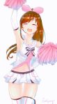  1girl :d ^_^ a.i._channel arm_up armpits artist_name ass_visible_through_thighs bangs breasts brown_hair cheerleader chromatic_aberration closed_eyes commentary_request eyebrows_visible_through_hair facing_viewer hairband highres holding_pom_poms hoshizora_no_shita kizuna_ai long_hair medium_breasts midriff miniskirt open_mouth parted_bangs pink_hairband pleated_skirt pom_poms ponytail sailor_collar shiny shiny_hair signature simple_background skirt sleeveless smile solo thigh-highs virtual_youtuber white_background white_skirt 