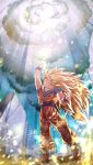  1boy absurdly_long_hair arm_at_side arm_up backlighting blonde_hair blue_eyes blurry blurry_foreground bokeh boots building city clenched_hands clouds cloudy_sky commentary_request dark_clouds day depth_of_field dirty dirty_clothes dirty_face dougi dragon_ball dragon_ball_z energy from_below frown full_body glowing grin highres legs_apart light_particles light_rays long_hair looking_up male_focus mattari_illust no_eyebrows outdoors pectorals profile rock rubble ruins shirt sky skyscraper smile son_gokuu sparkle standing sunlight super_saiyan_3 torn_clothes torn_legwear torn_shirt twitter_username very_long_hair wristband 