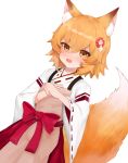  1girl :d absurdres animal_ear_fluff animal_ears apron bangs blush bow brown_apron commentary_request dokomon dutch_angle eyebrows_visible_through_hair fang flower fox_ears fox_girl fox_tail hair_between_eyes hair_flower hair_ornament hakama hands_together highres japanese_clothes kimono korean_commentary long_sleeves looking_at_viewer open_mouth orange_hair own_hands_together red_bow red_flower red_hakama ribbon-trimmed_sleeves ribbon_trim senko_(sewayaki_kitsune_no_senko-san) sewayaki_kitsune_no_senko-san simple_background smile solo tail tail_raised white_background white_kimono wide_sleeves yellow_eyes 