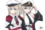  2girls azur_lane belt black_belt black_gloves black_neckwear blonde_hair blue_eyes breasts capelet commentary_request crossed_arms enterprise_(azur_lane) gloves graf_zeppelin_(kantai_collection) grey_hair hat highres iron_cross kantai_collection large_breasts long_hair long_sleeves multiple_girls necktie noruren off_shoulder peaked_cap sleeveless twintails underbust violet_eyes 