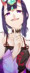  1girl :d absurdres bangs bare_shoulders chinese_clothes choker close-up detached_sleeves dudou eyeliner fangs fate/grand_order fate_(series) finger_to_chin hair_ornament highres horns looking_at_viewer makeup mithurugi-sugar oni open_mouth ponytail purple_hair shuten_douji_(fate/grand_order) shuten_douji_(halloween_caster)_(fate) simple_background smile solo violet_eyes white_background 