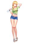  1girl absurdres alcohol arm_behind_head arm_up bare_legs blonde_hair blue_eyes blue_shorts bottle breasts clothes_writing collarbone crop_top crop_top_overhang denim denim_shorts full_body green_shirt hair_over_shoulder highleg highres holding holding_bottle large_breasts long_hair long_legs looking_at_viewer midriff moemagic navel one_eye_closed original parted_lips sandals shirt short_shorts shorts shoulder_cutout smile solo standing stomach thighs transparent_background vodka 