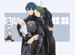  3boys armor bangs blue_hair book byleth_(fire_emblem) byleth_eisner_(male) cape caspar_von_bergliez closed_mouth fire_emblem fire_emblem:_three_houses garreg_mach_monastery_uniform green_hair highres holding holding_book itaseyo leaning_on_person linhardt_von_hevring long_hair low_ponytail male_focus multiple_boys paper parted_bangs running sleeping sleeping_on_person sleeves_rolled_up smile uniform 