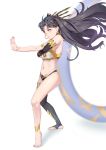  1girl absurdres armlet asymmetrical_legwear asymmetrical_sleeves bangs bare_shoulders black_hair breasts commentary earrings elbow_gloves fate/grand_order fate_(series) gloves hair_ribbon highres hoop_earrings ijuun ishtar_(fate)_(all) ishtar_(fate/grand_order) jewelry long_hair medium_breasts navel parted_bangs red_eyes ribbon single_elbow_glove single_thighhigh smile solo thigh-highs two_side_up 