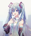  1girl :d aqua_hair aqua_neckwear arm_tattoo bangs bare_shoulders blue_eyes blue_nails breasts detached_sleeves eyebrows_visible_through_hair eyelashes grey_background hair_between_eyes hand_on_own_chest hand_up hatsuki hatsune_miku headset long_hair long_sleeves looking_at_viewer nail_polish necktie open_mouth shirt sidelocks sleeveless sleeveless_shirt small_breasts smile solo tattoo twintails upper_body vocaloid white_shirt wide_sleeves 