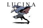  1girl bangs blue_cape blue_eyes blue_footwear blue_hair blue_shirt bodysuit boots cape character_name english_commentary fire_emblem fire_emblem_awakening full_body highres holding holding_mask knee_boots leg_up long_hair long_sleeves looking_at_viewer lucina lucina_(fire_emblem) mask running serious shirt sidelocks signature sleeve_cuffs soejima_shigenori_(style) tiara 